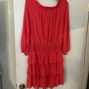 MICHAEL Michael Kors Coral Red Long-Sleeve Tiered Ruffle Dress